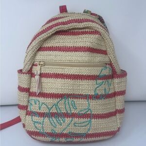 Vera Bradley Straw Striped Woven Backpack with Leaf Design